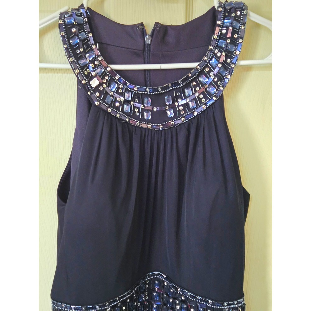 One by Eight Women Navy Blue Beaded Sequin Round Neck Sleeveless Long Gown Sz 16